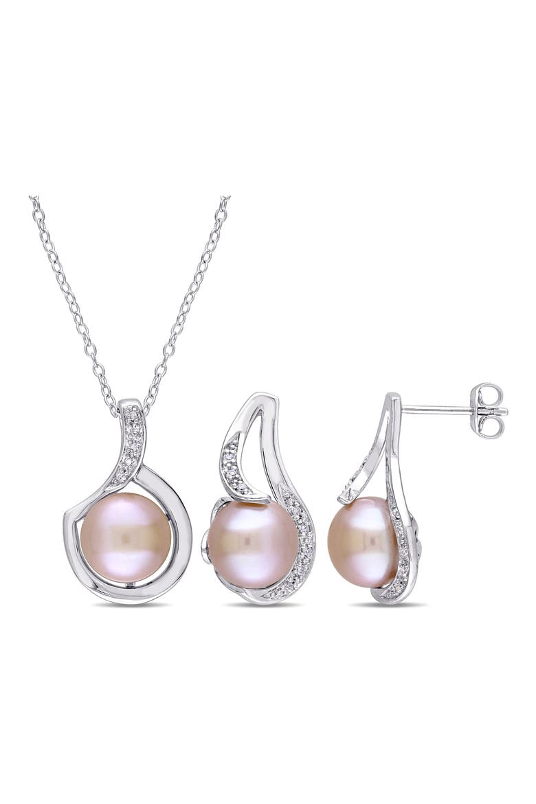 Cultured Freshwater Pearl & Diamond Necklace & Stud Earrings Set - 0.10ct., Main, color, PINK