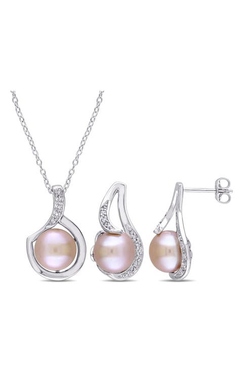 Cultured Freshwater Pearl & Diamond Necklace & Stud Earrings Set - 0.10ct.