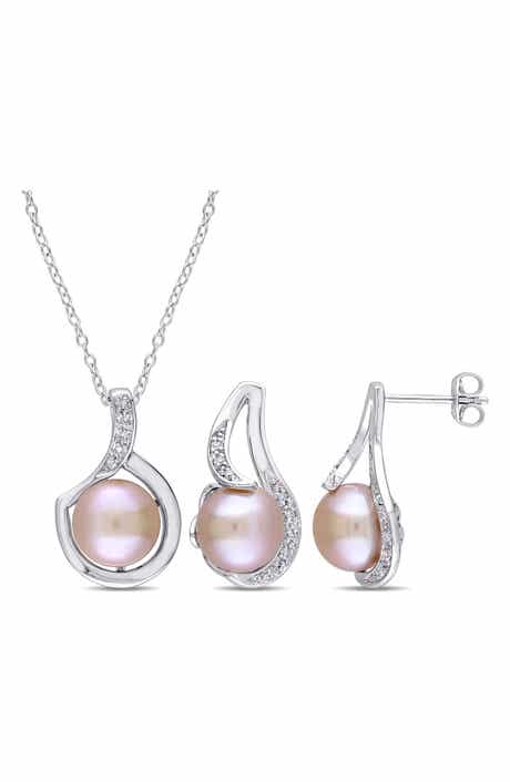 DELMAR Cultured Freshwater Pearl & Diamond Necklace & Stud Earrings Set - 0.10ct.