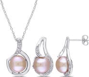 DELMAR Cultured Freshwater Pearl & Diamond Necklace & Stud Earrings Set - 0.10ct.
