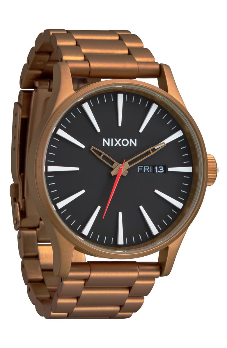 Nixon The Sentry Bracelet Watch, 42mm, Alternate, color, Bronze / Black
