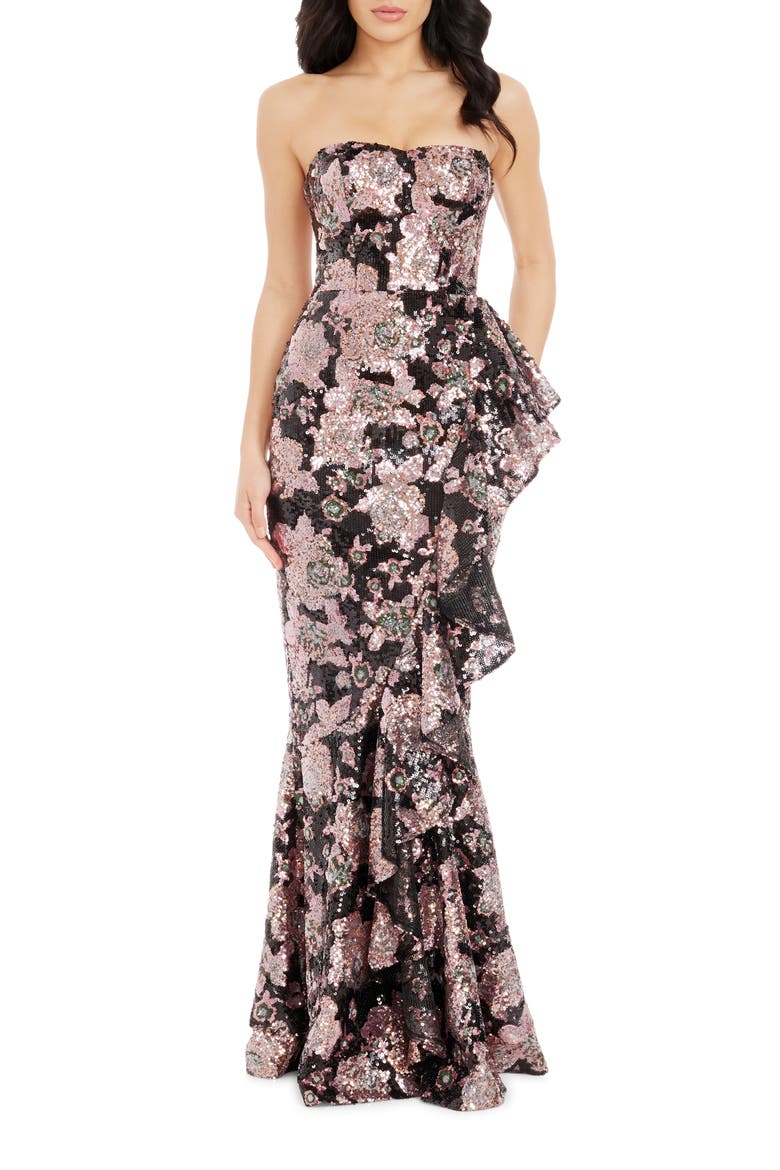 Paris Sequin Ruffle Strapless Gown, Main, color, DUSTY ROSE MULTI