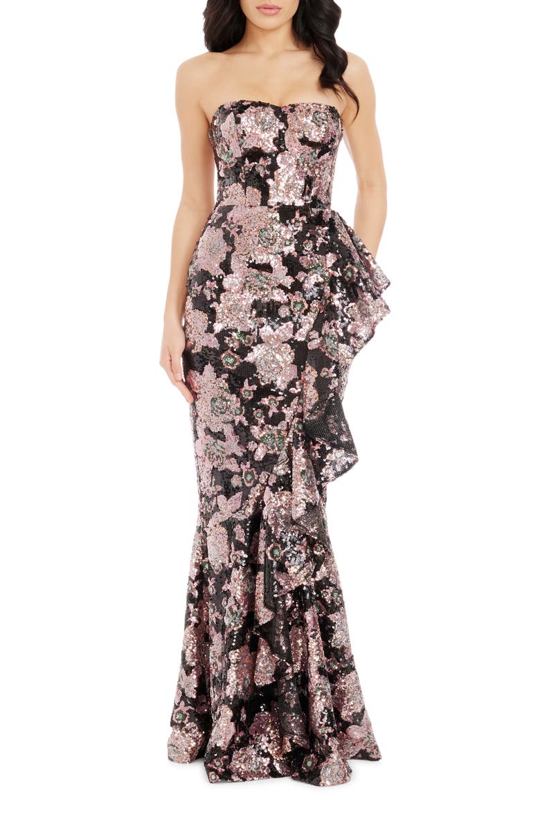 Dress the Population Paris Sequin Ruffle Strapless Gown, Main, color, Dusty Rose Multi