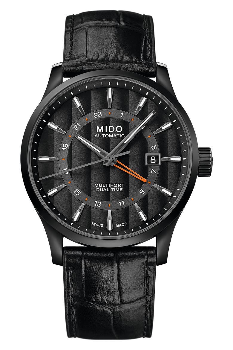 Multifort Automatic Leather Strap Watch, 42mm, Main, color, BLACK