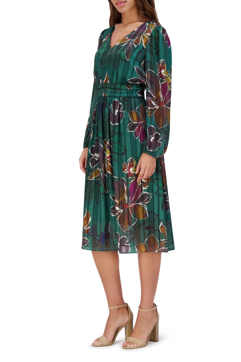 Floral Long Sleeve Satin A-Line Midi Dress, Alternate, color, PINE MULTI