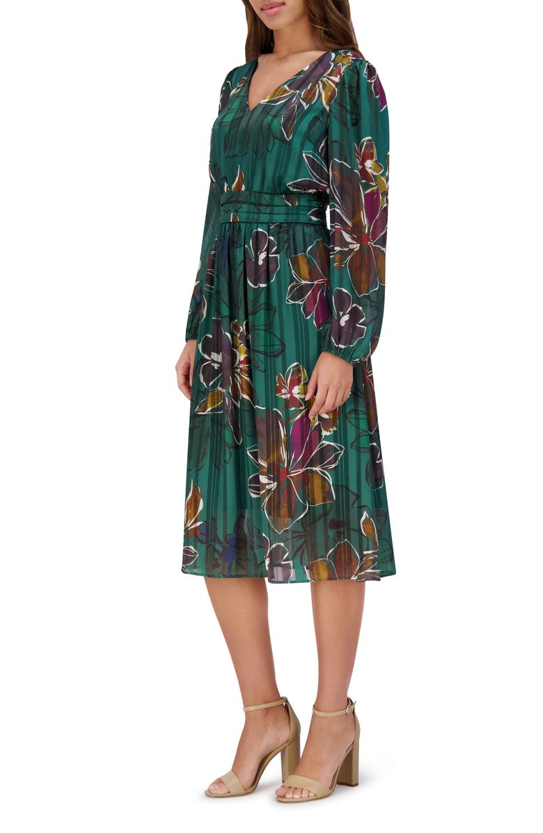Kensie Floral Long Sleeve Satin A-Line Midi Dress, Alternate, color,