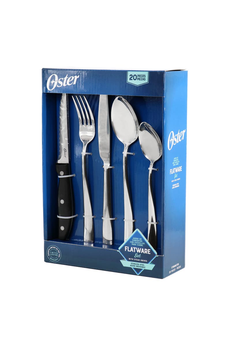 OSTER Stonington 20 Piece Flatware Set with Steak Knives in Polished Stainless Steel, Main, color, Silver
