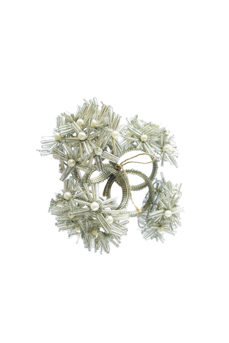 Glass Beaded Metal Floral Napkin Rings, Silver Finish, Set of 4, Main, color, Silver