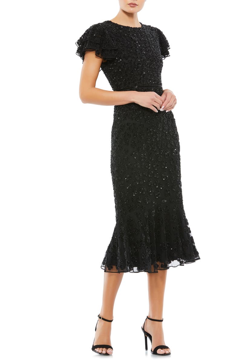 Mac Duggal Beaded Ruffle Sleeve Midi Cocktail Dress, Main, color,