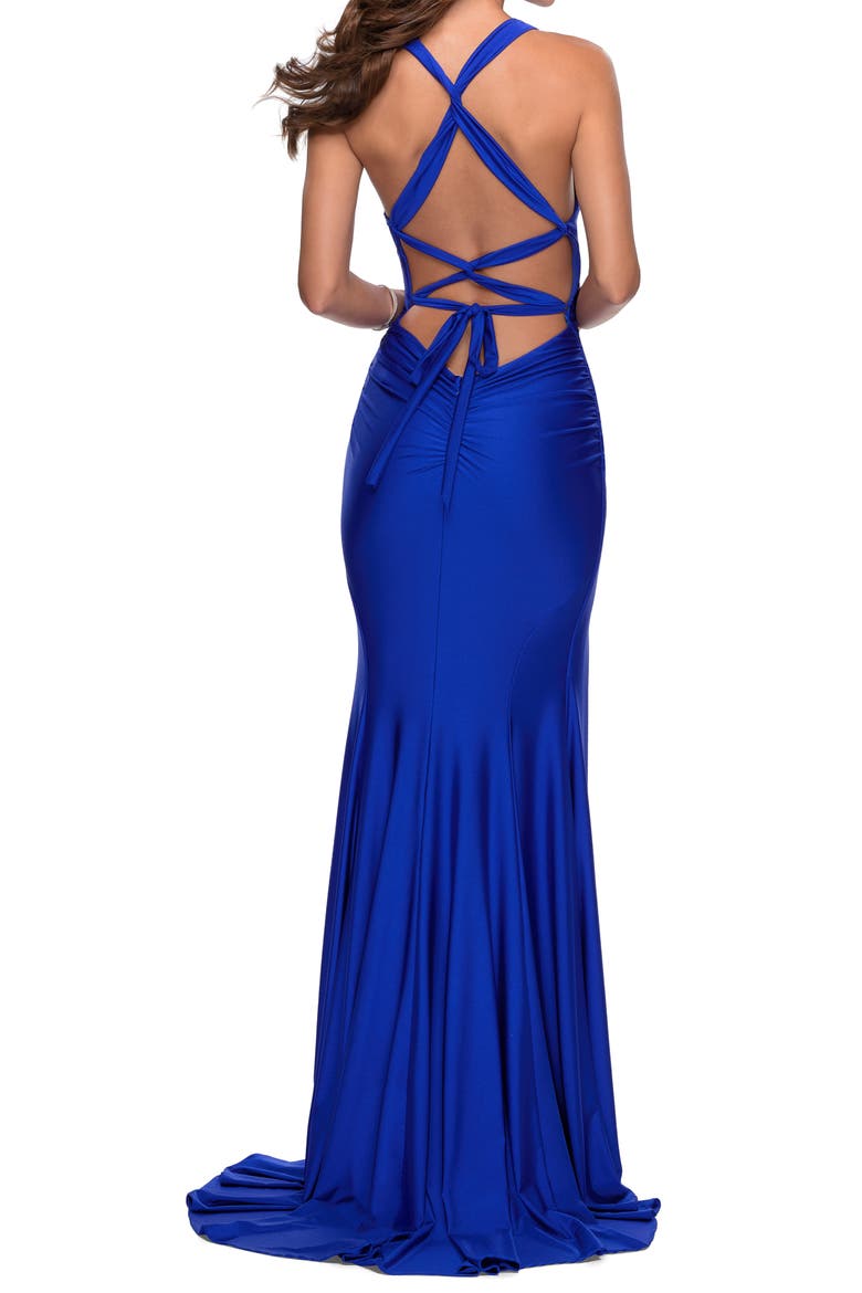 Sleek Prom Dress with Deep V-Neckline and Tie Back, Alternate, color, ROYAL BLUE