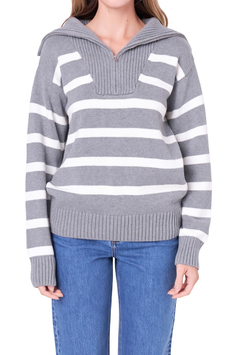 English Factory Stripe Cotton Zip Pullover, Alternate, color, Heather Grey/ White