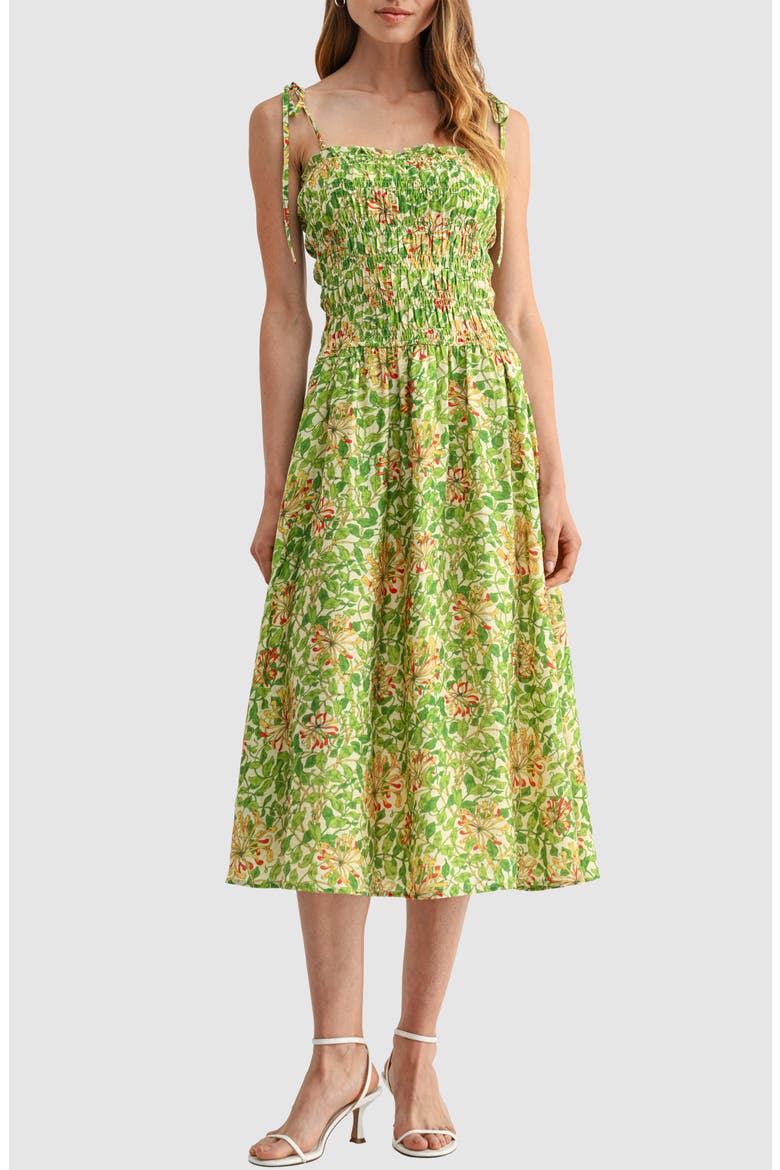 Tie Shoulder Smocked Midi Dress, Main, color, GREEN FLORAL