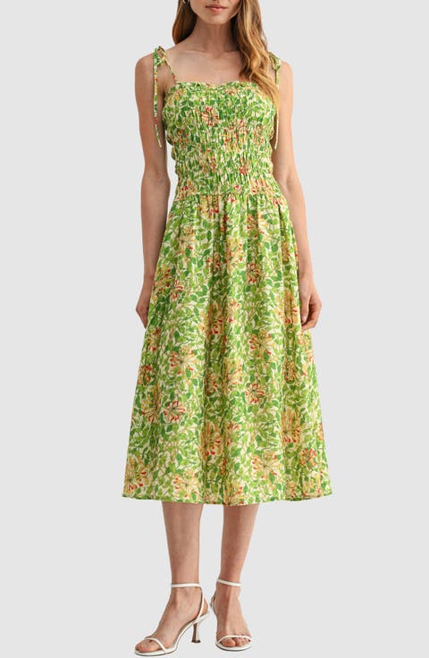 Tie Shoulder Smocked Midi Dress
