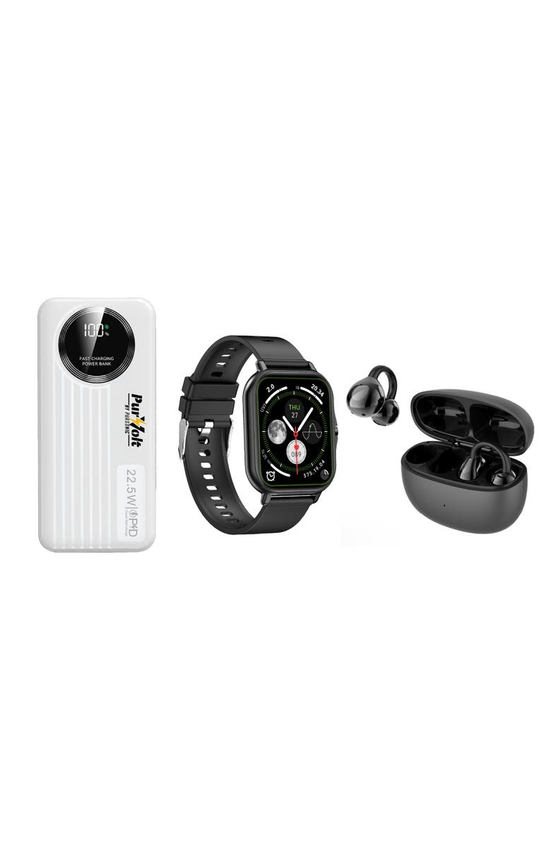 PURSONIC Ultimate Mobile Essentials Bundle - Smart Watch, 10,000mAh Power Bank & True Wireless Earbuds, Main, color, Black