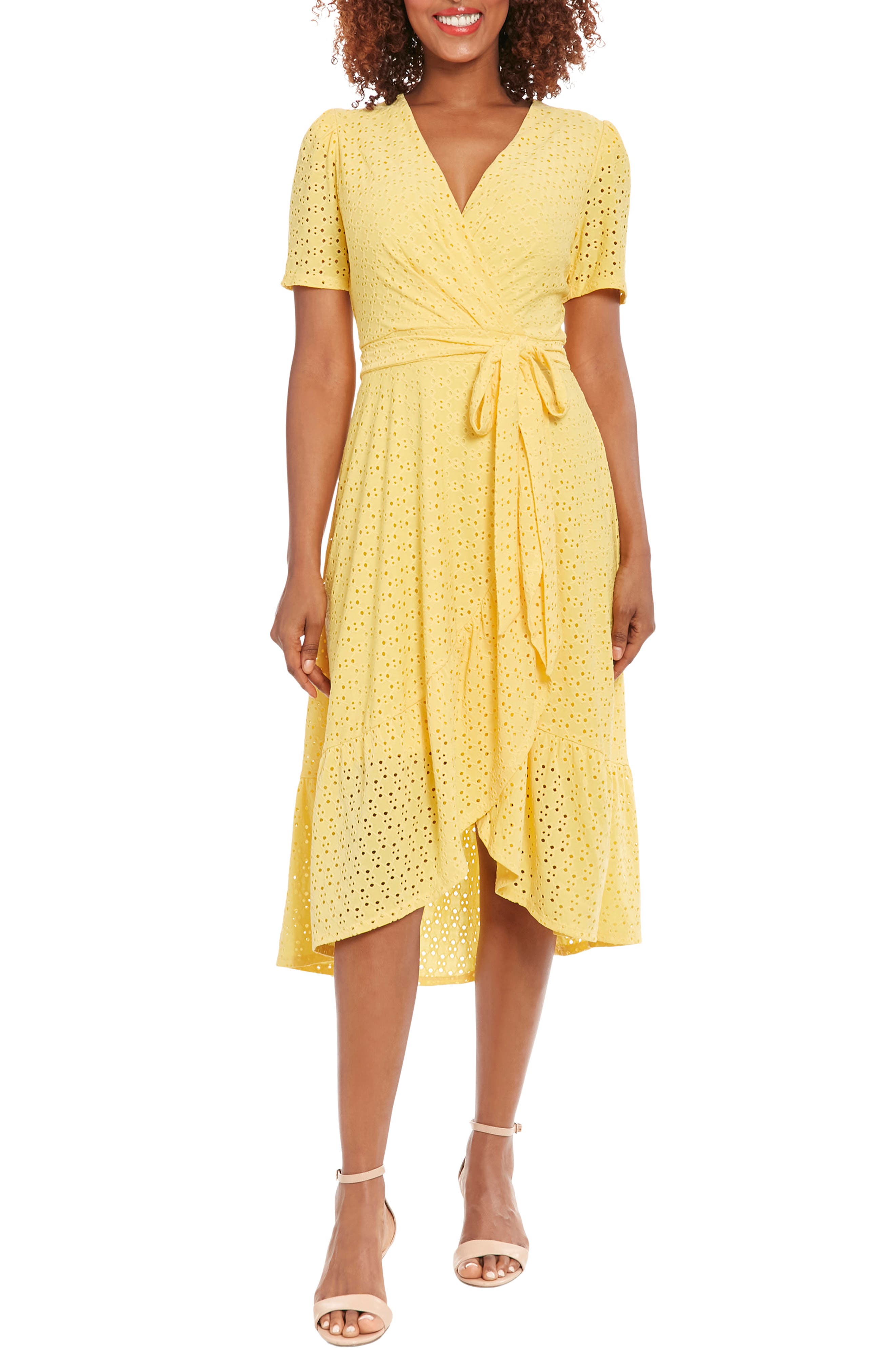 London Times Stretch Eyelet Short Sleeve Ruffle Wrap Dress