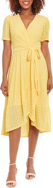 London Times Stretch Eyelet Short Sleeve Ruffle Wrap Dress 