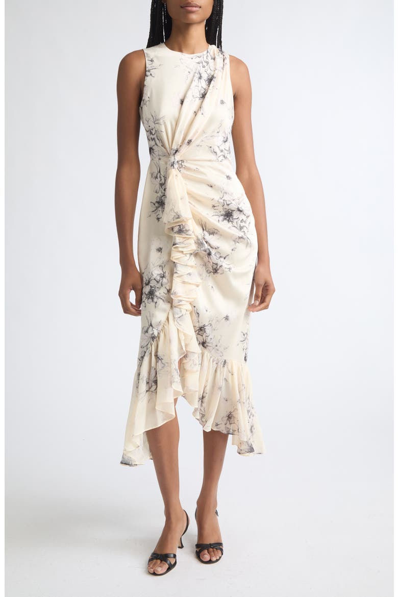 Cyrus Floral Ruffle Midi Dress, Main, color, GARDENIA/BLACK