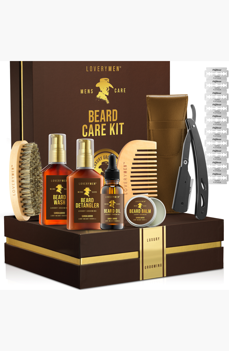 Lovery 13 Piece Beard Care Kit - Ultimate Grooming Set with Oil, Balm, Wash, Razor & More, Main, color, NO COLOR