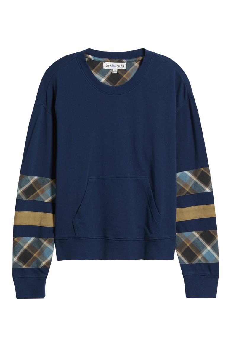 Plaid Sleeve Crewneck Sweatshirt, Alternate, color, NAVY