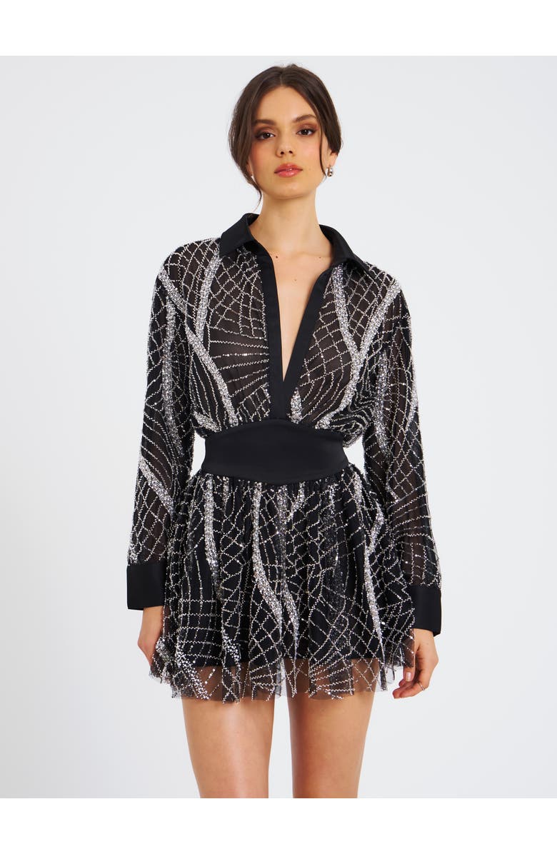 Miss Circle Rachelle Embroidered Mesh Mini Shirt Dress, Alternate, color, Black And White