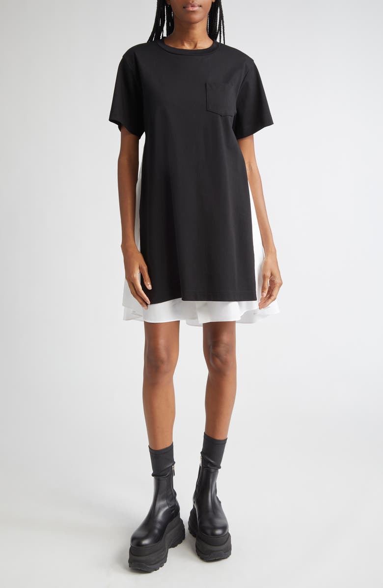 Sacai Mixed Media Poplin & Jersey Dress, Main, color, Black/ Off White