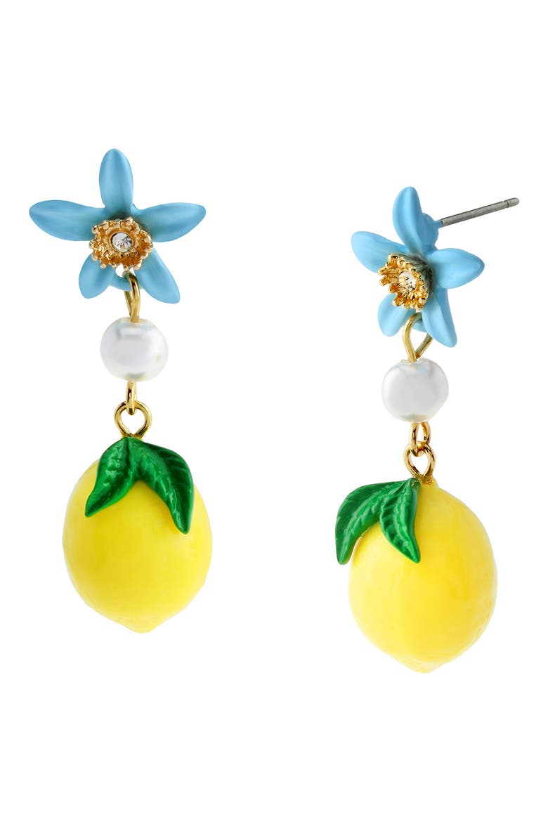 Flower & Lemon Imitation Pearl Drop Earrings, Main, color, YELLOW