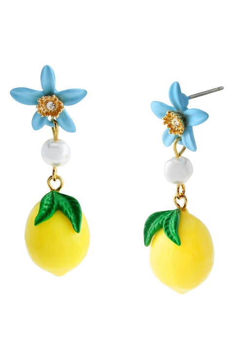Flower & Lemon Imitation Pearl Drop Earrings
