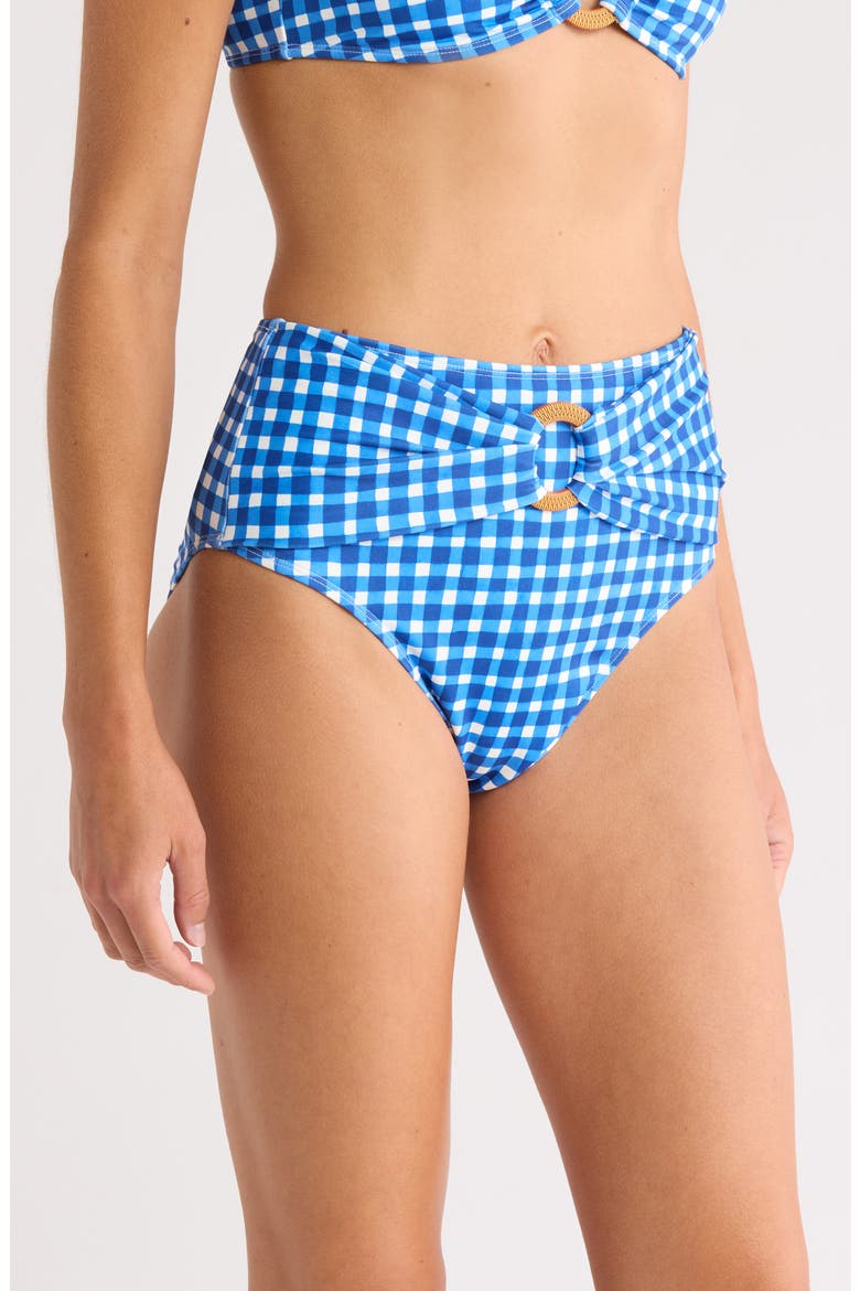 O-Ring High Waist Bikini Bottoms, Alternate, color, BLUE GINGHAM