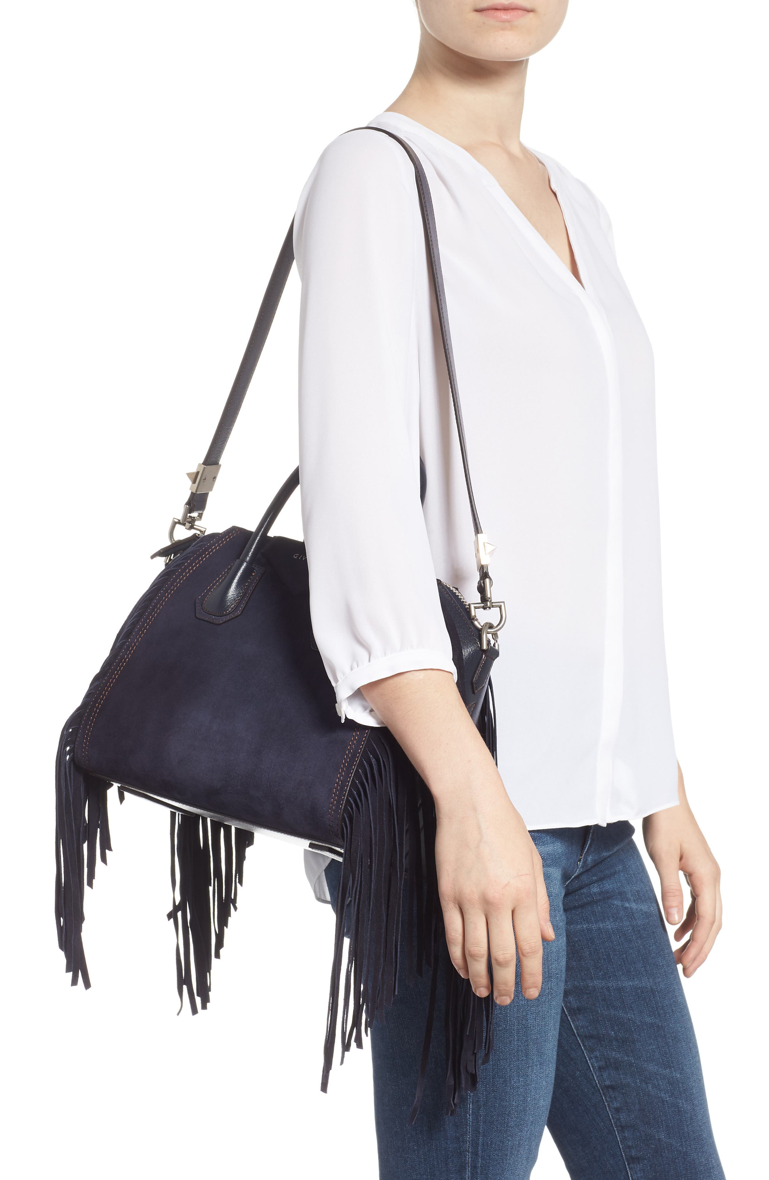 Small Antigona Fringe Embellished Suede Satchel, Alternate, color, DARK BLUE