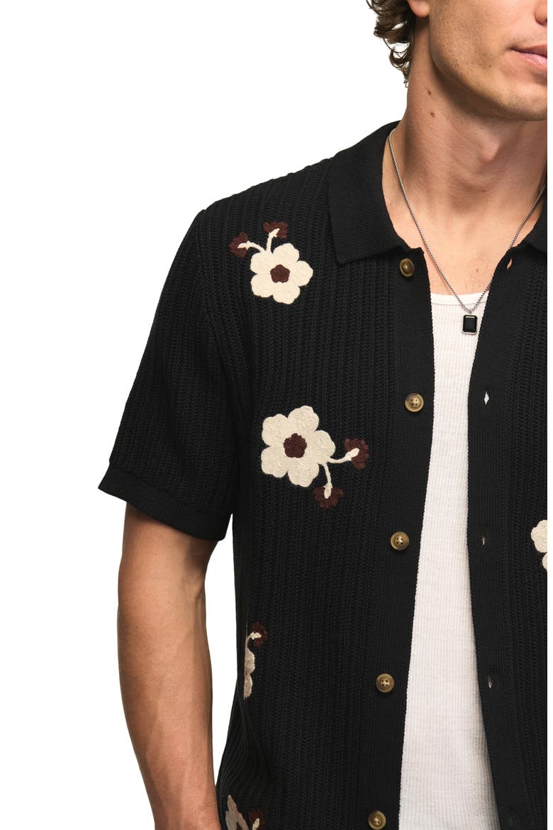 Crochet Flower Short Sleeve Cardigan, Alternate, color, CAVIAR