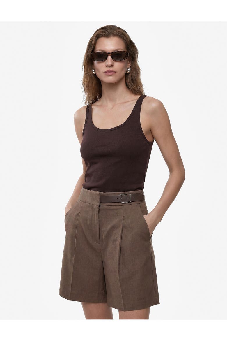 Pleated Linen Bermuda Shorts with Half Belted, Alternate, color, BROWN