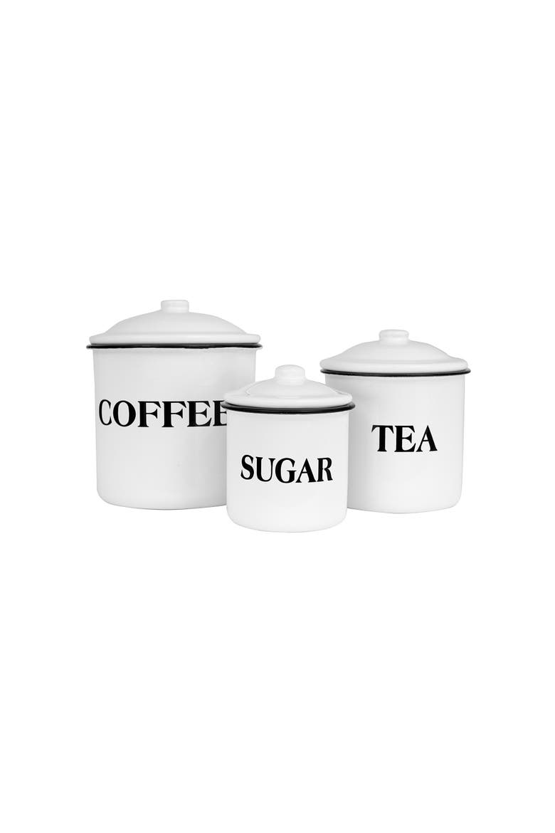 Farmhouse Enameled Metal Containers with "Coffee", "Tea", and "Sugar" Messages, White and Black, Set of 3, Alternate, color, White