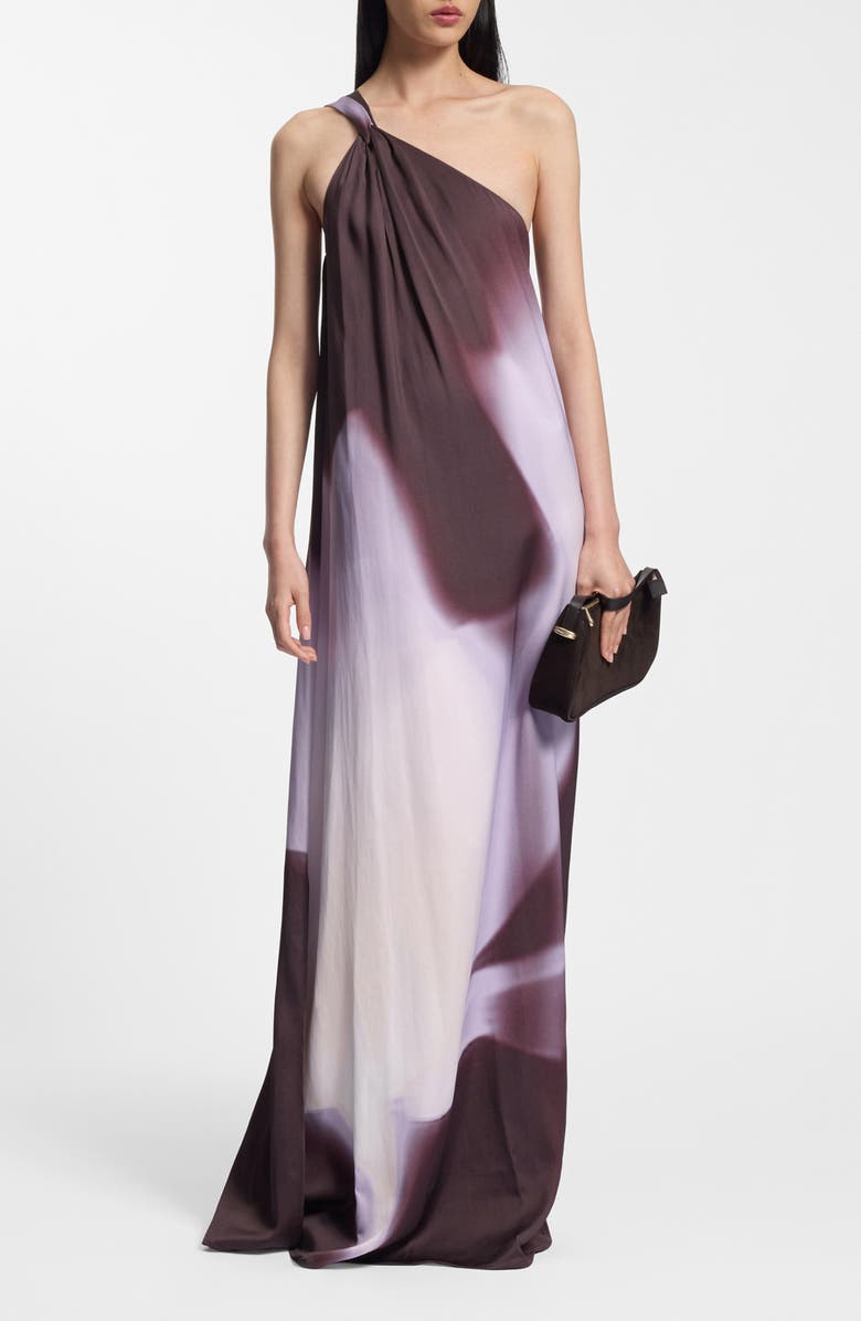 BOSS Dantea One-Shoulder Floral Print Gown, Main, color, Mocha Faded Flower