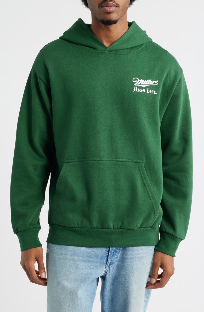 The Forecast Agency Miller High Life Graphic Hoodie, Main, color, Forest