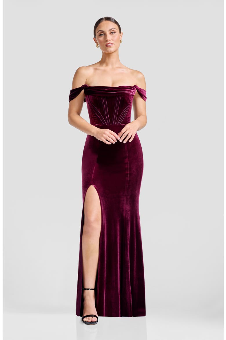 Melania Off the Shoulder Velvet Gown, Alternate, color, DARK CHERRY