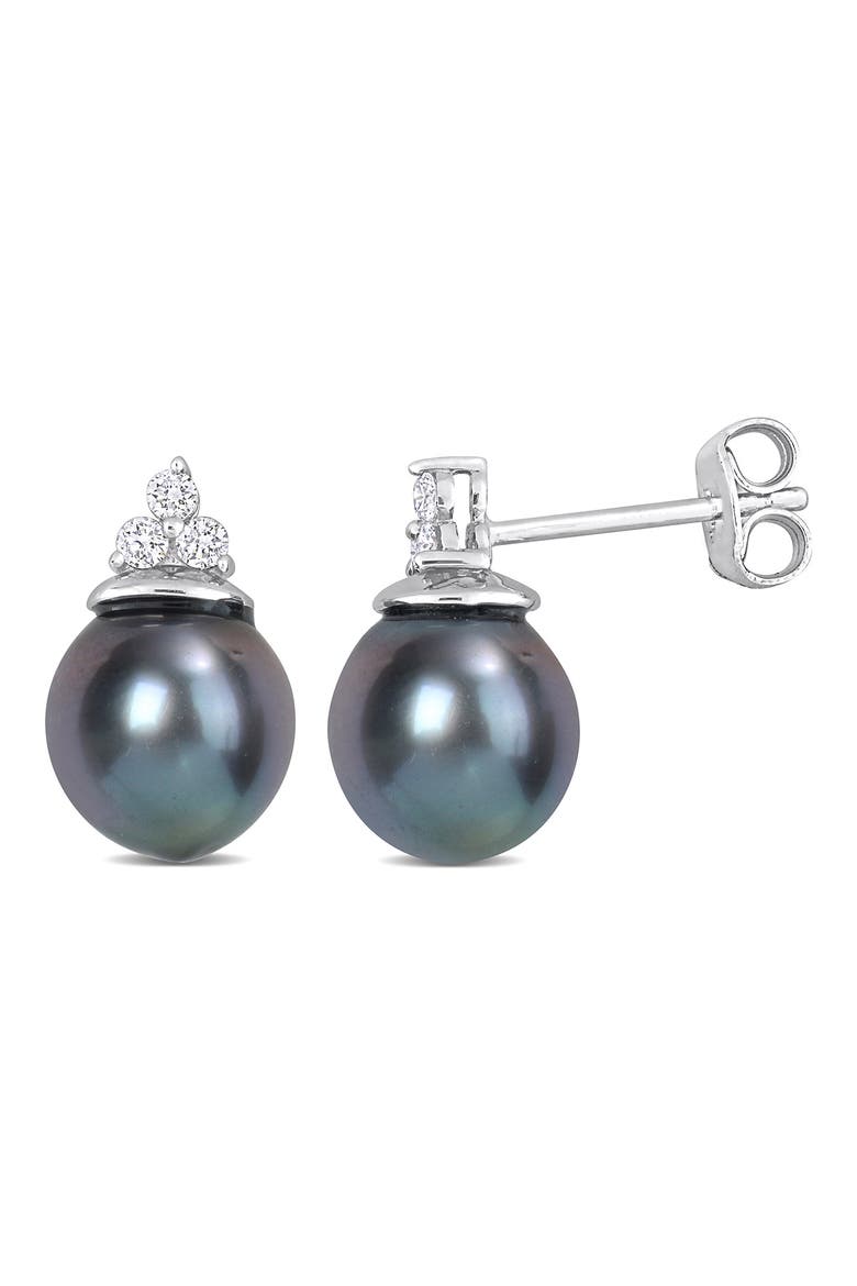 Sterling Silver 8-8.5mm Black Tahitian Cultured Pearl Diamond Stud Earrings - 0.14 ctw., Main, color, BLACK