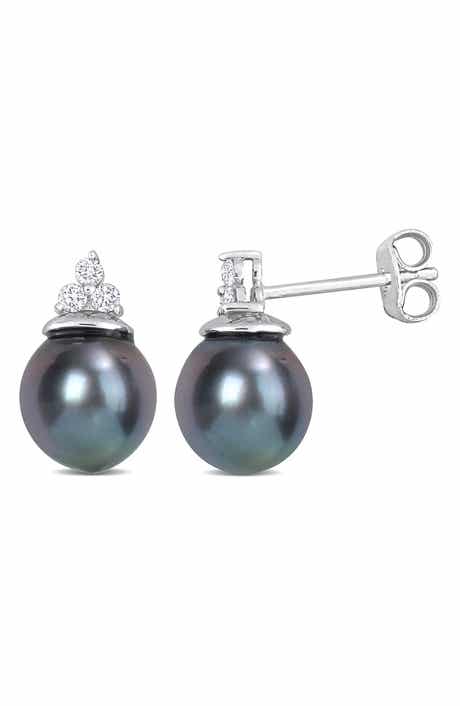 DELMAR Sterling Silver 8-8.5mm Black Tahitian Cultured Pearl Diamond Stud Earrings - 0.14 ctw.
