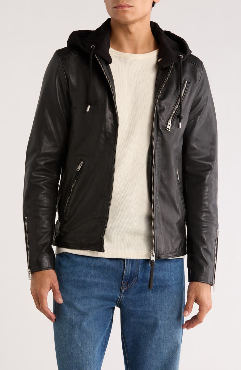 AllSaints Harwood Hooded Leather Jacket, Main, color, Black