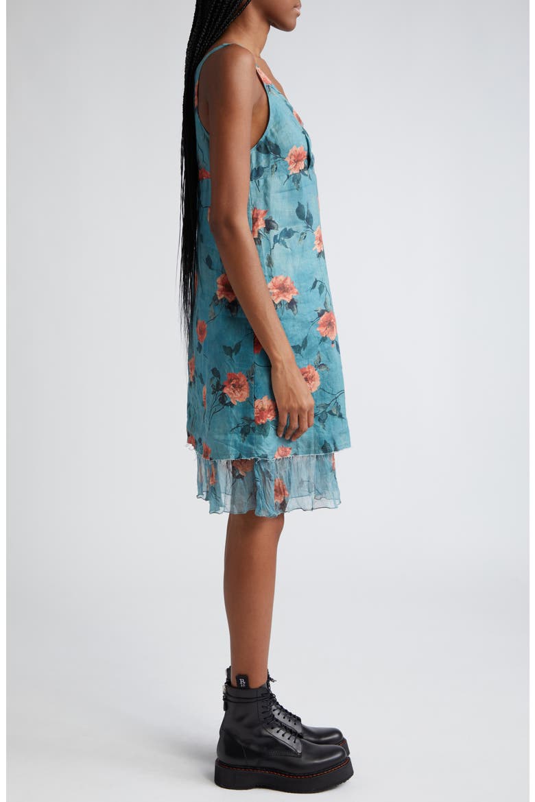 Floral Empire Waist Flounce Hem Raw Edge Linen Slipdress, Alternate, color, BLUE FLORAL