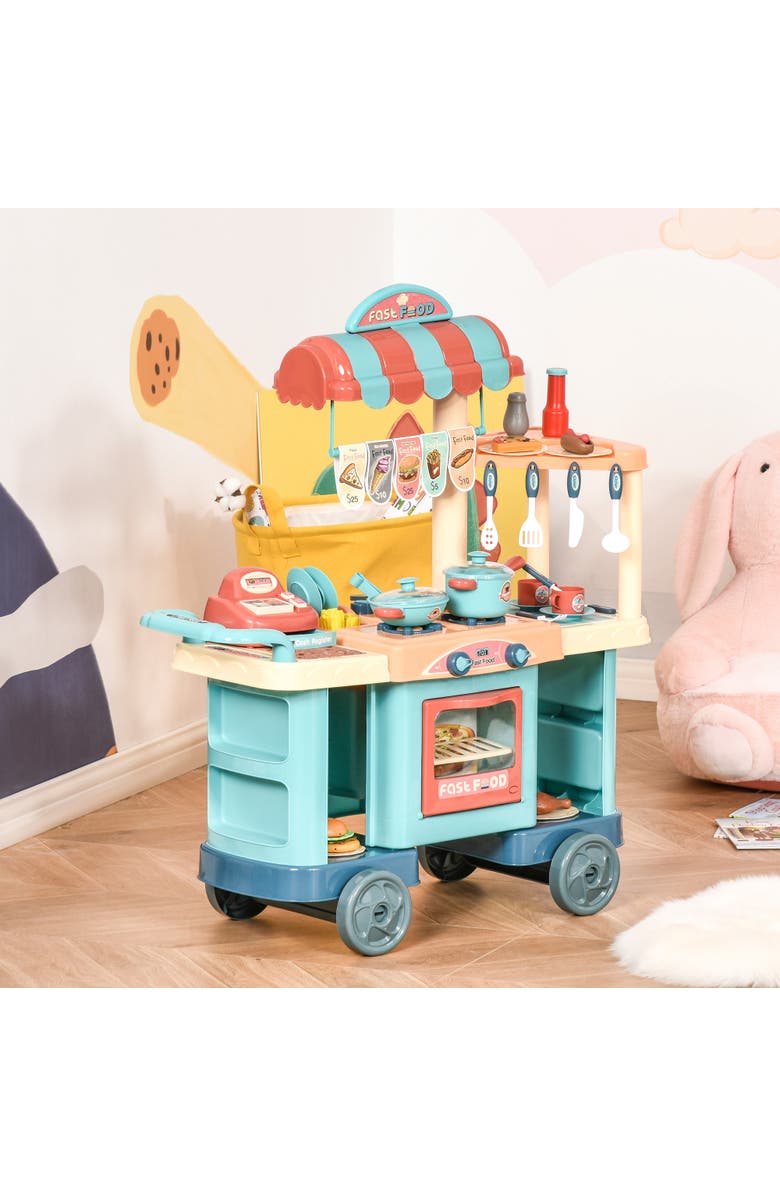 Qaba Kids Kitchen Food Stand with Play Food, Cashier Register, Accessories​, Alternate, color, Multi-Colored