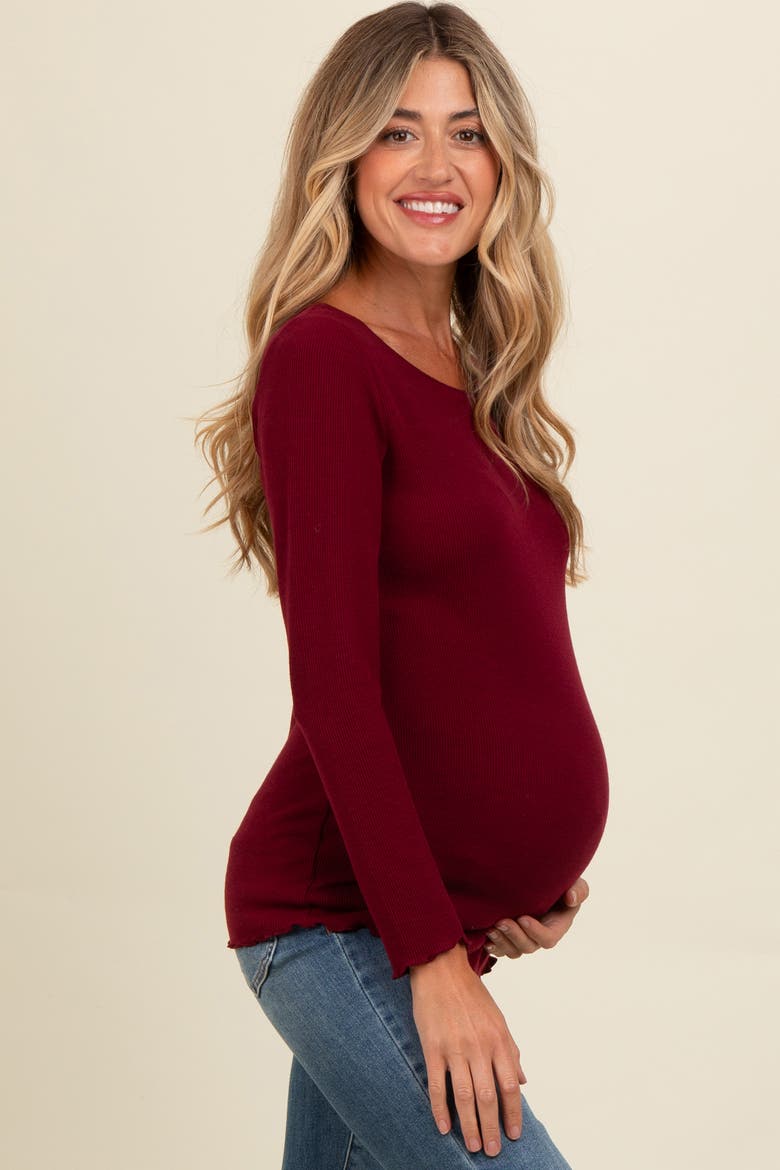 Ribbed Knit Long Sleeve Lettuce Hem Top, Alternate, color, Burgundy