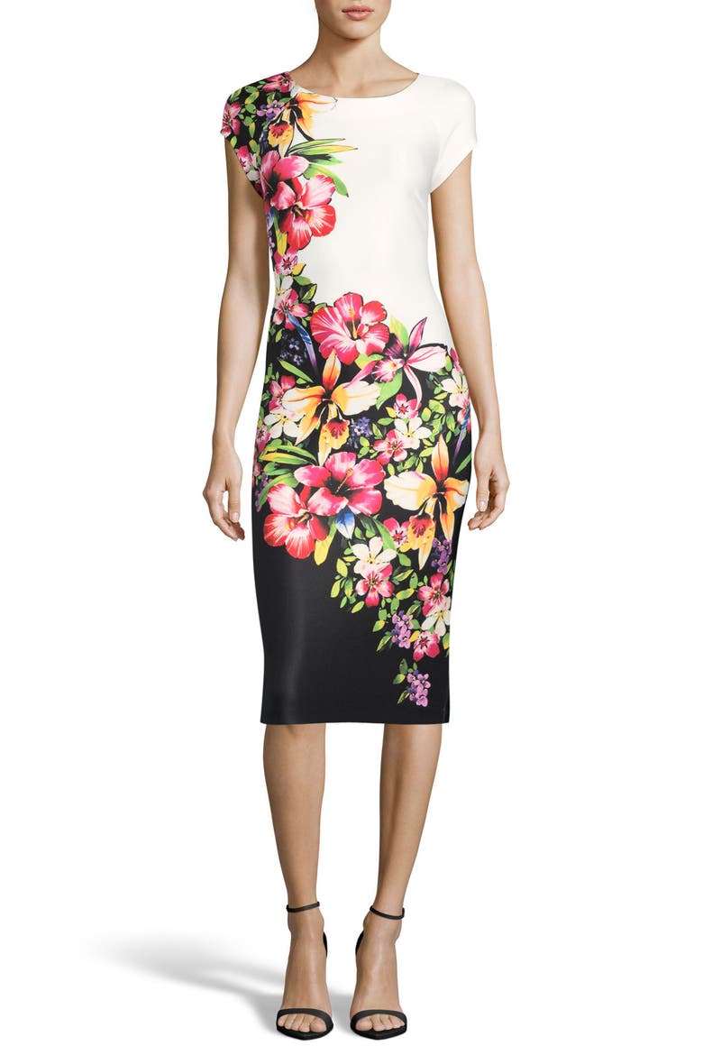 Tropical Print Sheath Dress, Main, color, BLACK/ PINK