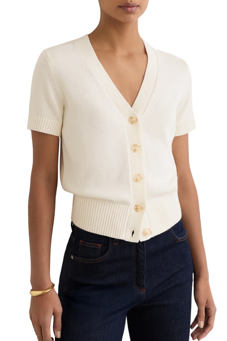 Anya Short Sleeve Cotton & Wool Cardigan, Main, color, IVORY