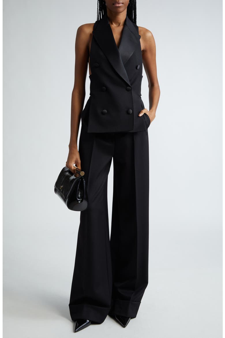 Pleated Cuff Hem Virgin Wool & Silk Trousers, Alternate, color, N0000 NERO