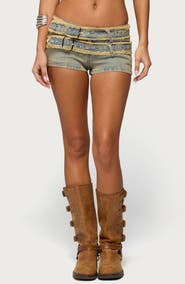 EDIKTED Alyza Distressed Belted Denim Shorts