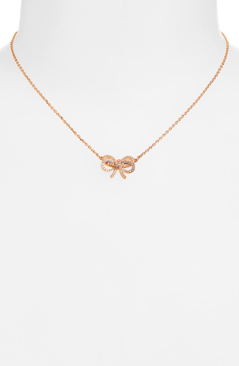 Kate Spade New York bow meets girl pavé cubic zirconia pendant necklace, Alternate, color, Clear/ Rose Gold