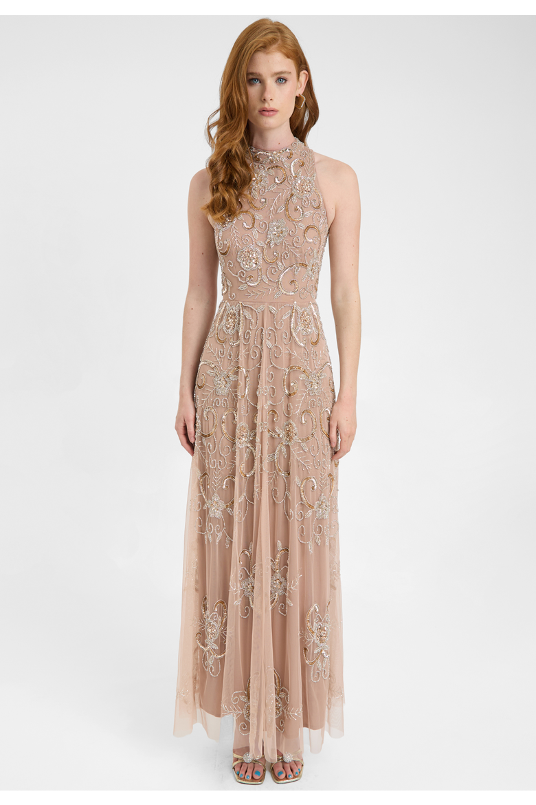 Embellished Sequin Beaded Maxi Dress With High Neckline With Sleeveless Design, Main, color, TAUPE BLUSH