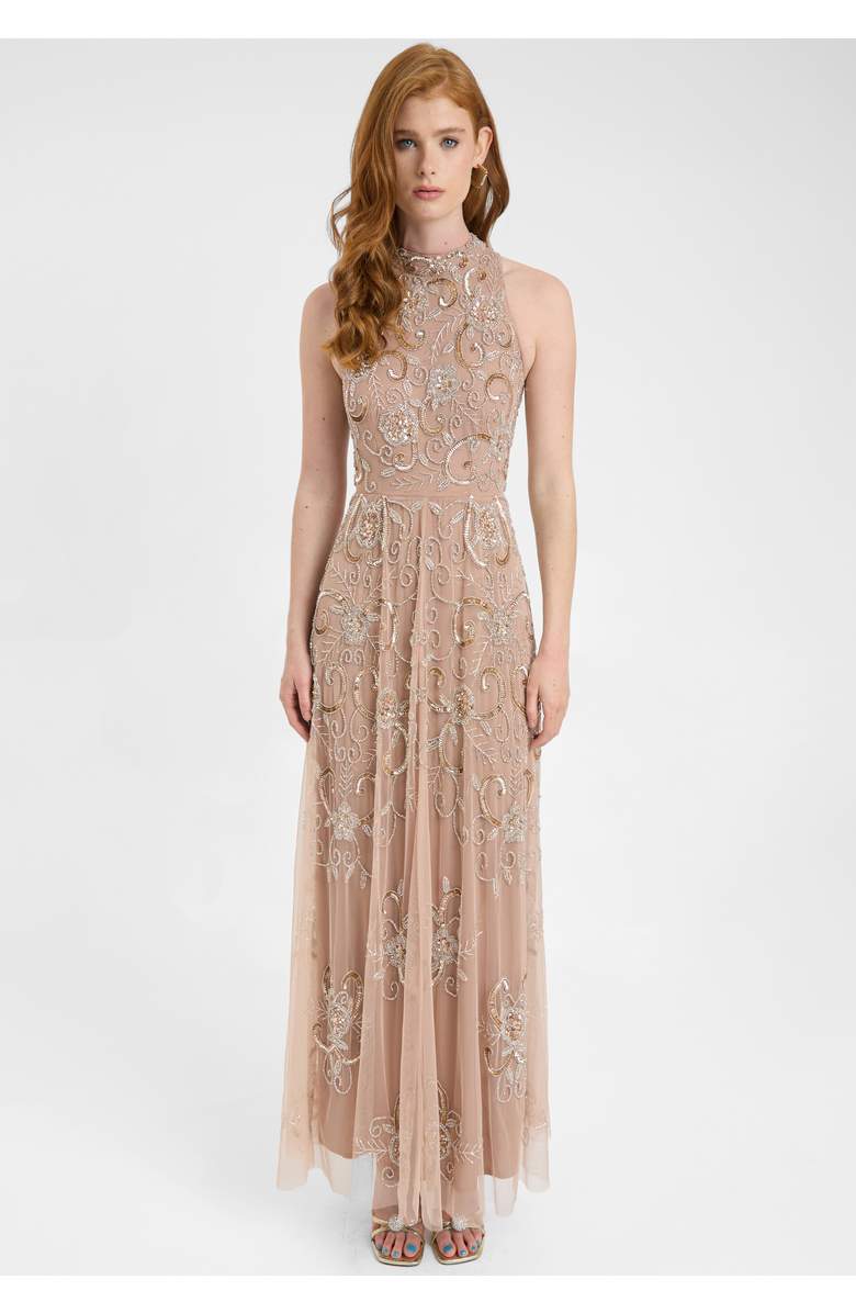 BEAUUT Embellished Sequin Beaded Maxi Dress With High Neckline With Sleeveless Design, Main, color, Taupe Blush