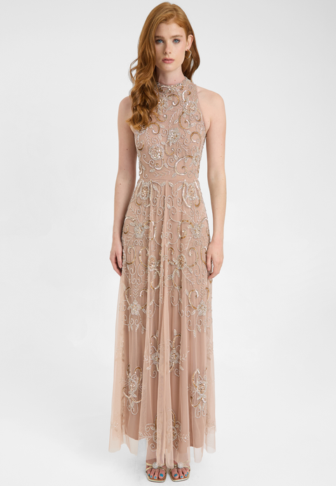 Embellished Sequin Beaded Maxi Dress With High Neckline With Sleeveless Design
