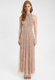 BEAUUT Embellished Sequin Beaded Maxi Dress With High Neckline With Sleeveless Design